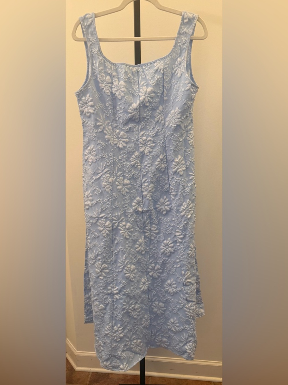 SHEIN Light Blue Floral Embroidered Square-Neck Midi Dress - Picture 6 of 7